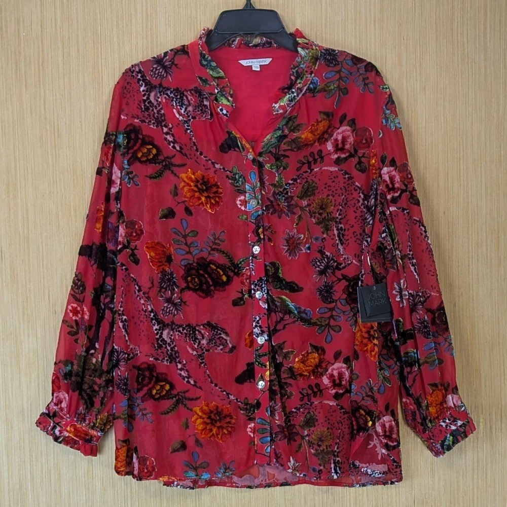 John Mark Boho Maximalism Floral Leopard Velvet Burnout Sheer Top PXL Red NWT
